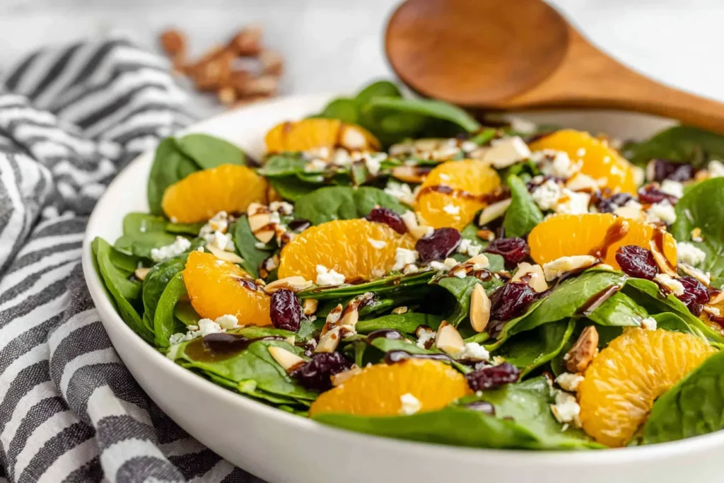 Spinach Mandarin Salad in a white bowl with baby spinach, mandarin orange slices, dried cranberries, toasted almonds, goat cheese, and a honey balsamic drizzle.