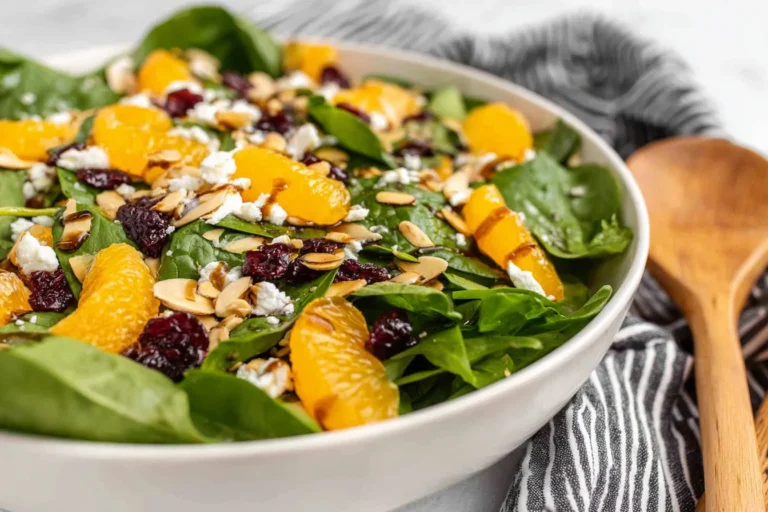 Spinach Mandarin Salad in a white bowl with baby spinach, mandarin oranges, dried cranberries, toasted sliced almonds, and goat cheese crumbles.