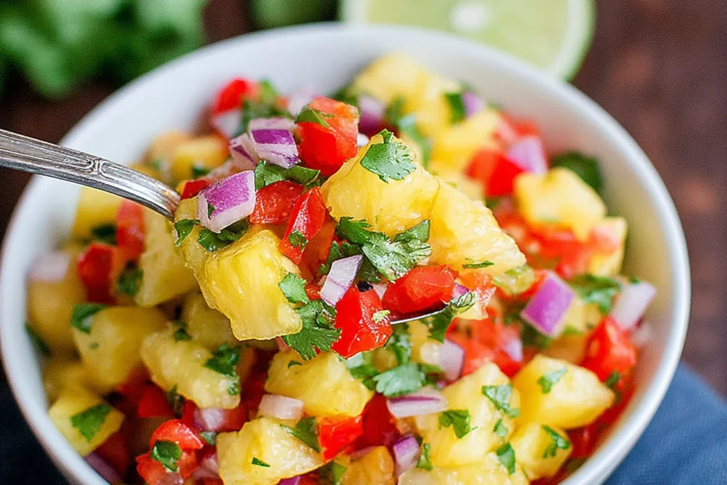 Spoonful of Pineapple Pico de Gallo with juicy pineapple, red bell pepper, red onion, cilantro, and jalapeño over a bowl with fresh lime in the background.