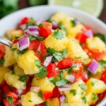 Spoonful of Pineapple Pico de Gallo with juicy pineapple, red bell pepper, red onion, cilantro, and jalapeño over a bowl with fresh lime in the background.