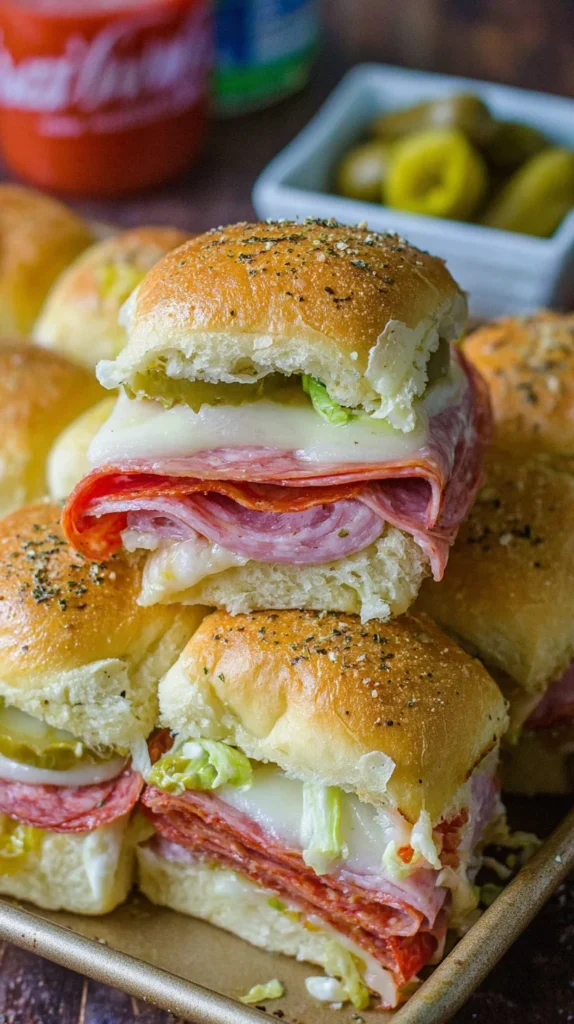 Hot Italian Sub Sliders stacked high with ham, salami, pepperoni, melted provolone, and pickled peppers on buttery seasoned rolls.