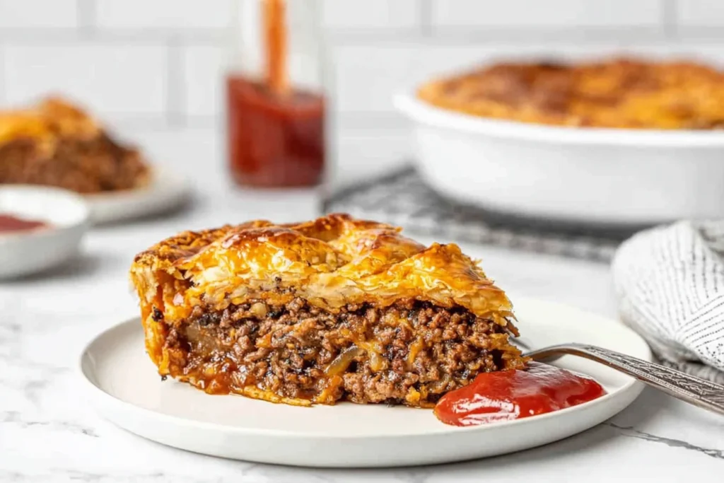 Slice of Steak and Onion Meat pie with flaky puff pastry and savory beef-and-onion filling, served with ketchup on a white plate.