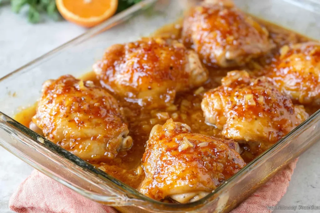 Baked Apricot Chicken Thighs in a glass baking dish, coated in a glossy sweet-and-savory apricot glaze with bits of onion and garlic.