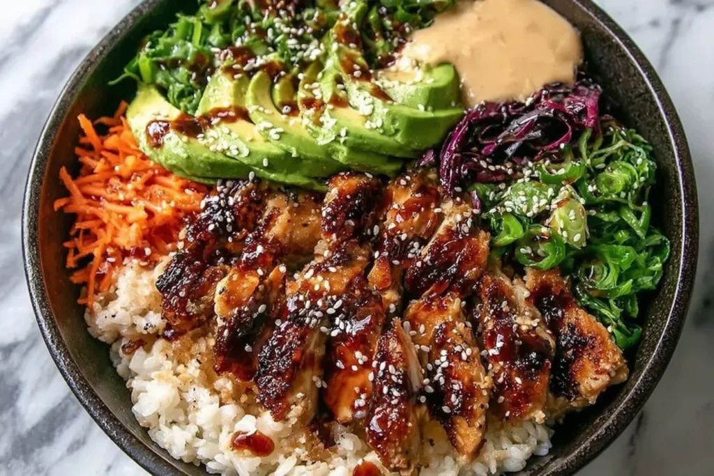 Sticky Chicken Poke Bowls piled with sticky glazed chicken, rice, avocado, shredded carrots, seaweed salad, sesame seeds, and creamy spicy mayo.
