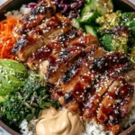 Sticky Chicken Poke Bowls with glazed sesame chicken over rice, broccoli, avocado, shredded carrots, cucumber, and spicy mayo drizzle.