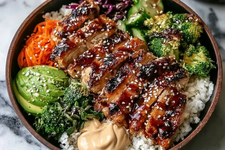 Sticky Chicken Poke Bowls with glazed sesame chicken over rice, broccoli, avocado, shredded carrots, cucumber, and spicy mayo drizzle.