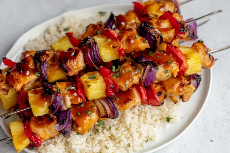 Baked Pineapple Chicken Kabobs drizzled with sticky pineapple glaze, skewered with red pepper and red onion, served over white rice.