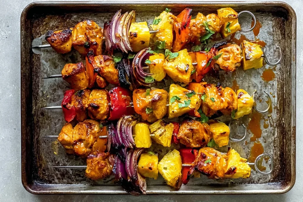 Pineapple Chicken Kabobs on a sheet pan with glazed grilled chicken, caramelized pineapple, red onion, and bell peppers.