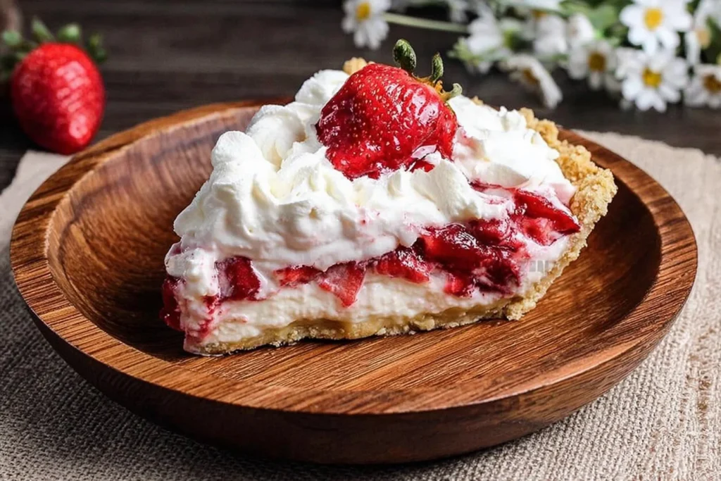 Slice of Strawberries and Cream Pie with graham cracker crust, creamy filling, strawberry swirl, and whipped cream topped with a whole strawberry.