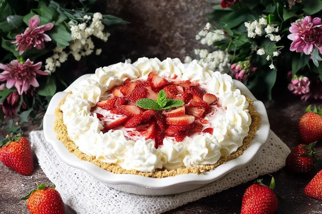 Strawberries and Cream Pie in a graham cracker crust topped with fluffy whipped cream and fresh sliced strawberries on a floral backdrop.