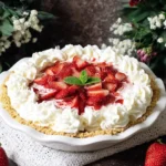Strawberries and Cream Pie in a graham cracker crust topped with fluffy whipped cream and fresh sliced strawberries on a floral backdrop.