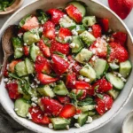 Strawberry Cucumber Salad with juicy strawberries, crisp cucumbers, feta, mint, and basil in a serving bowl