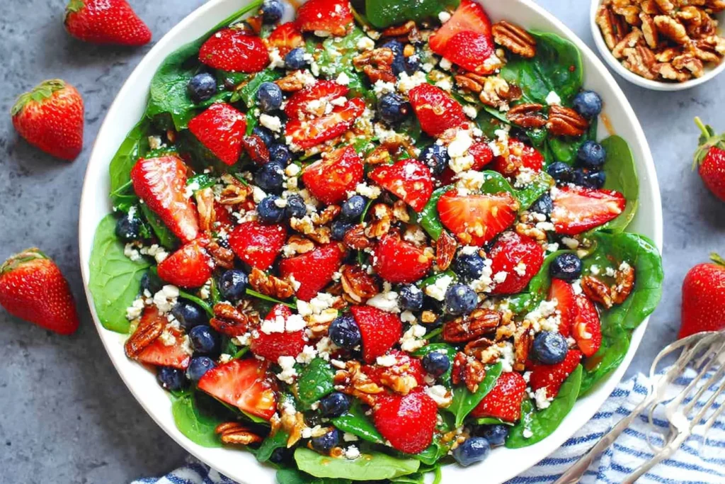Strawberry Spinach Salad with fresh spinach, sliced strawberries, blueberries, toasted pecans, feta, and balsamic glaze in a white bowl.