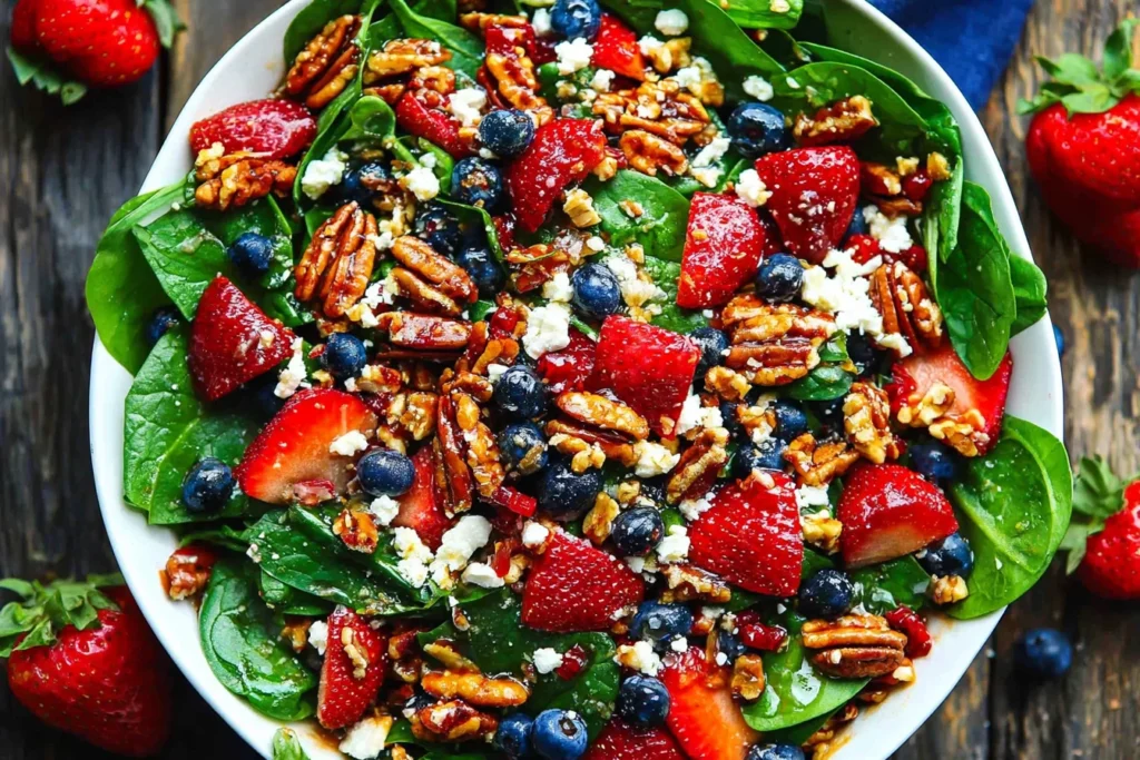 Strawberry Spinach Salad in a white bowl with baby spinach, fresh strawberries, blueberries, toasted pecans, crumbled feta, and balsamic glaze.