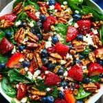 Strawberry Spinach Salad in a white bowl with baby spinach, fresh strawberries, blueberries, toasted pecans, crumbled feta, and balsamic glaze.