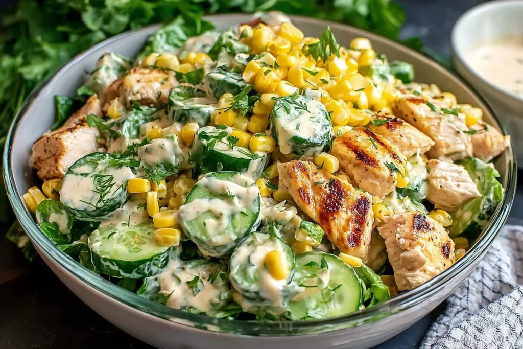 Street Corn Creamy Cucumber Chicken Salad with grilled chicken, sweet corn, sliced cucumbers, and creamy lime dressing in a bowl.