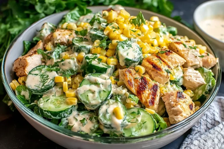 Street Corn Creamy Cucumber Chicken Salad with grilled chicken, sweet corn, sliced cucumbers, and creamy lime dressing in a bowl.