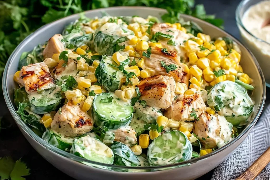 Street Corn Creamy Cucumber Chicken Salad in a bowl with grilled chicken, sweet corn, sliced cucumbers, herbs, and creamy lime dressing.