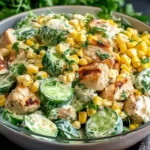 Street Corn Creamy Cucumber Chicken Salad in a bowl with grilled chicken, sweet corn, sliced cucumbers, herbs, and creamy lime dressing.