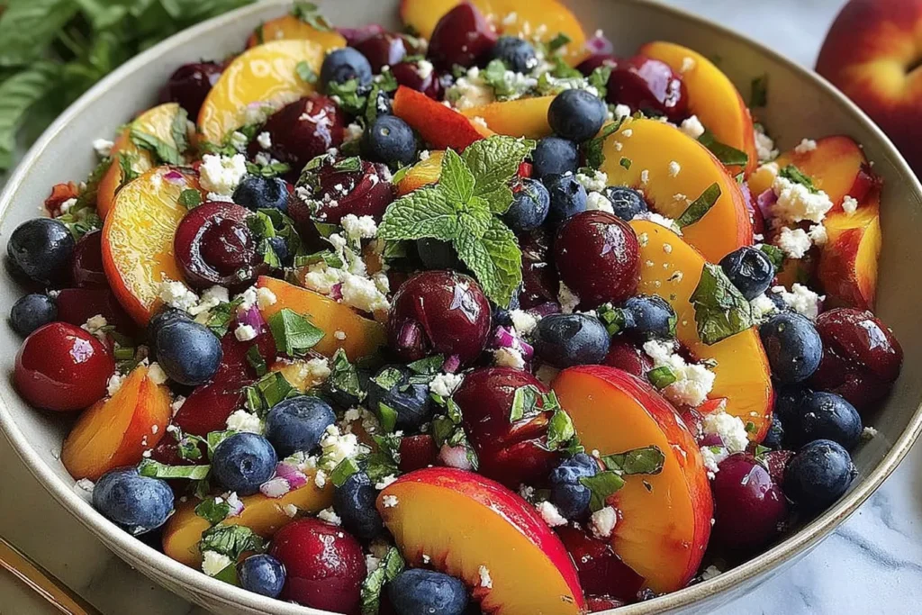 Blueberry Peach Feta Salad in a large bowl with sliced peaches, fresh blueberries, cherries, herbs, and crumbled feta for a bright summer side.