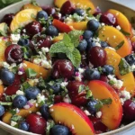Blueberry Peach Feta Salad in a large bowl with sliced peaches, fresh blueberries, cherries, herbs, and crumbled feta for a bright summer side.