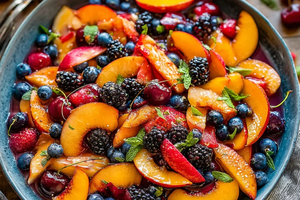 Summer Fruit Salad with peaches, cherries, blueberries, blackberries, and fresh mint in a maple-vanilla dressing.