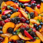 Summer Fruit Salad with peaches, cherries, blueberries, blackberries, and fresh mint in a maple-vanilla dressing.