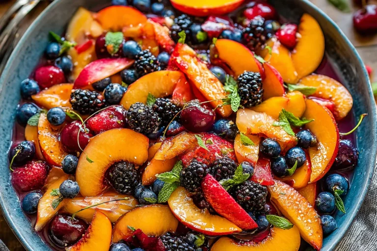 Summer Fruit Salad with peaches, cherries, blueberries, blackberries, and fresh mint in a maple-vanilla dressing.