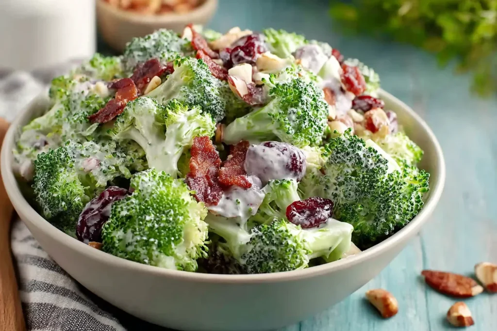 Sweet Classic Broccoli Salad in a white bowl with creamy dressing, crispy bacon, dried cranberries, and sliced almonds.