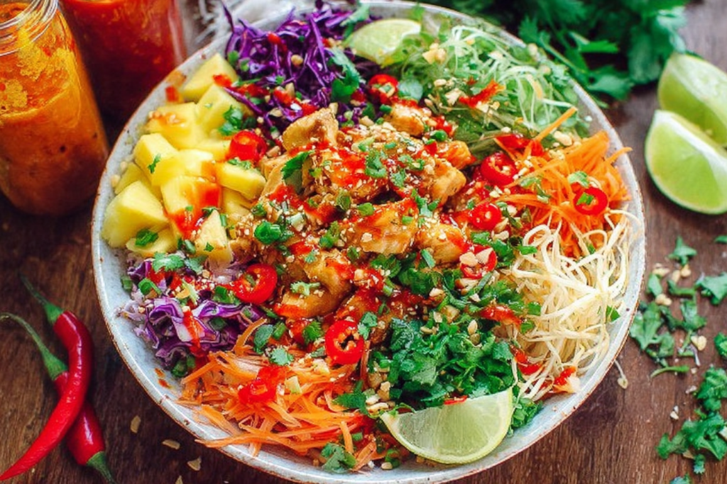Thai Sweet Chili Chicken Buddha Bowls with quinoa, sweet chili chicken, pineapple chunks, shredded carrots, red cabbage, bean sprouts, cilantro, and lime wedges.