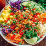 Thai Sweet Chili Chicken Buddha Bowls with quinoa, sweet chili chicken, pineapple chunks, shredded carrots, red cabbage, bean sprouts, cilantro, and lime wedges.