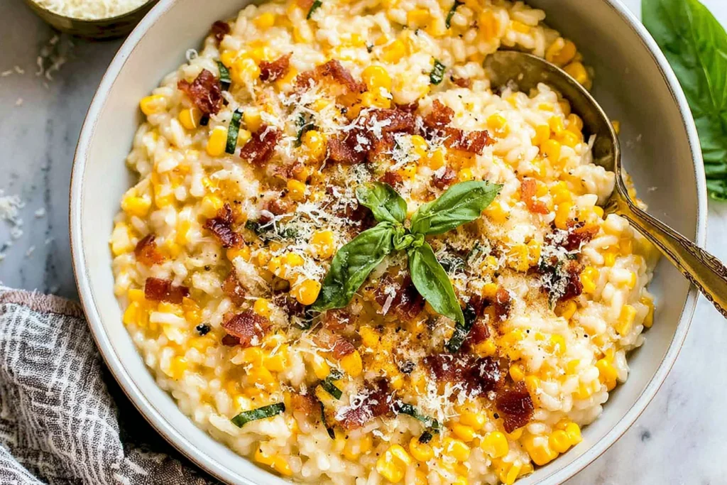 Sweet Corn Risotto in a white bowl topped with crispy pancetta, grated parmesan, and fresh basil, served with a spoon.