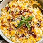Sweet Corn Risotto in a white bowl topped with crispy pancetta, grated parmesan, and fresh basil, served with a spoon.