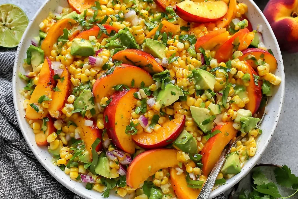 Sweet Corn Salad with Peaches in a white bowl with avocado, red onion, cilantro, and lime-honey vinaigrette.