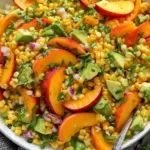 Sweet Corn Salad with Peaches in a white bowl with avocado, red onion, cilantro, and lime-honey vinaigrette.