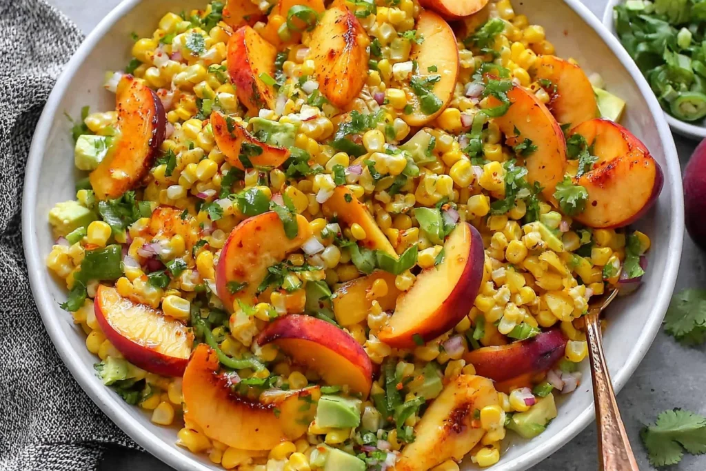 Sweet Corn Salad with Peaches in a large bowl with fresh corn, sliced peaches, avocado, jalapeño, red onion, cilantro, and lime-honey dressing.