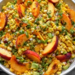 Sweet Corn Salad with Peaches in a large bowl with fresh corn, sliced peaches, avocado, jalapeño, red onion, cilantro, and lime-honey dressing.