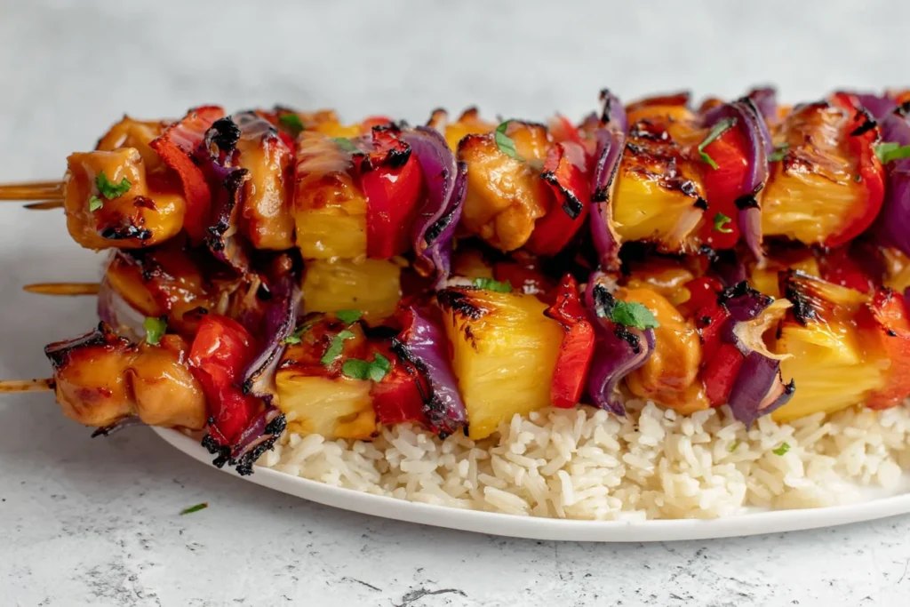 Baked Pineapple Chicken Kabobs with glazed chicken, pineapple, red pepper, and red onion on skewers served over fluffy white rice.