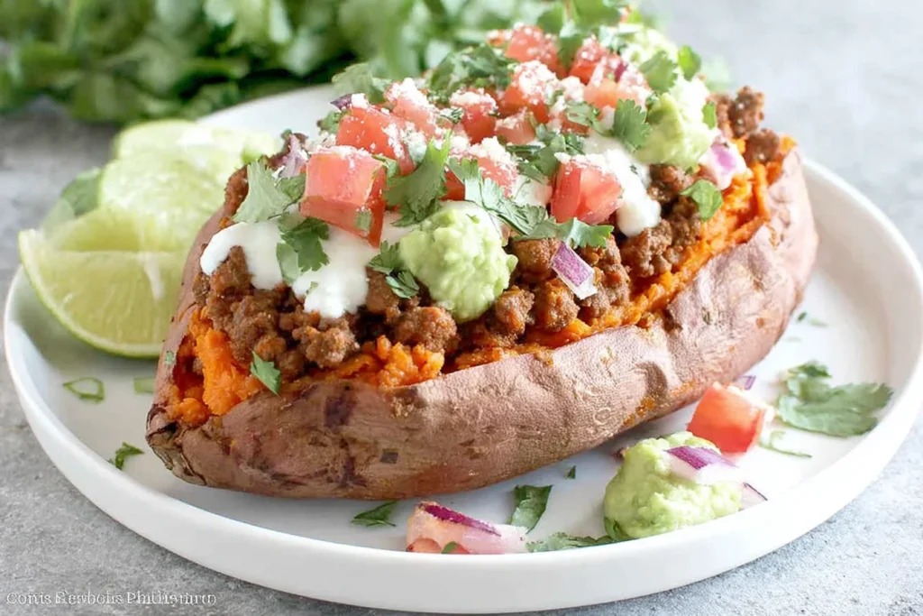 Taco Stuffed Sweet Potatoes on a plate with seasoned ground beef, guacamole, pico de gallo, cilantro, and sour cream, served with lime wedges.