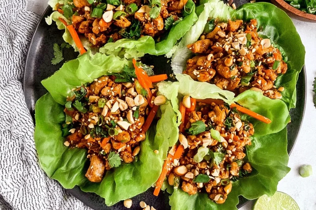 Thai Chicken Lettuce Wraps piled with sweet chili ground chicken, chopped cashews, scallions, cilantro, and shredded carrots in butter lettuce cups.