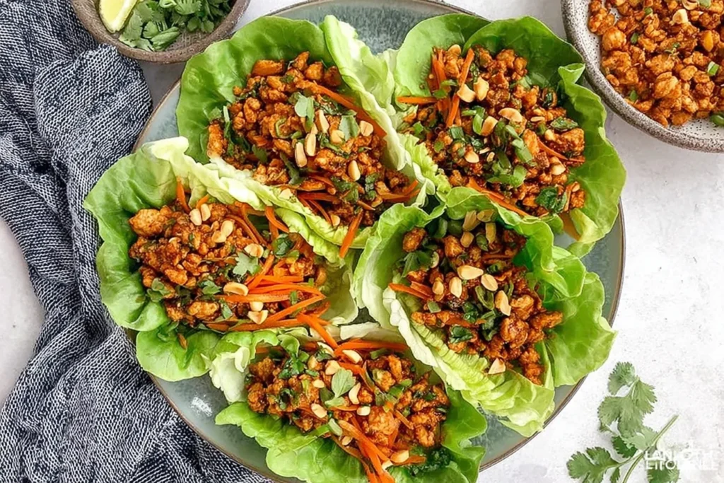 Thai Chicken Lettuce Wraps in crisp butter lettuce cups with sweet chili ground chicken, carrots, cilantro, and chopped cashews on a plate.