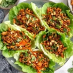Thai Chicken Lettuce Wraps in crisp butter lettuce cups with sweet chili ground chicken, carrots, cilantro, and chopped cashews on a plate.