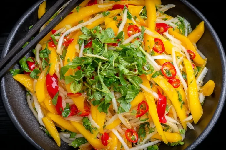 Thai Mango Salad in a black bowl with sliced mango, bean sprouts, red chili, and fresh cilantro.