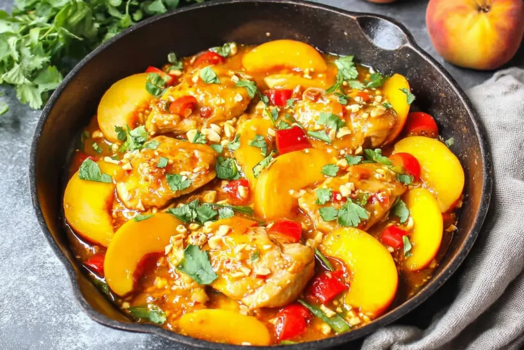 Thai Peach Chicken in a cast-iron skillet with peach slices, red bell pepper, peanuts, and cilantro in a glossy sweet-spicy sauce.