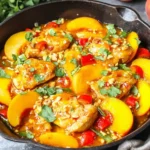 Thai Peach Chicken in a cast-iron skillet with peach slices, red bell pepper, peanuts, and cilantro in a glossy sweet-spicy sauce.