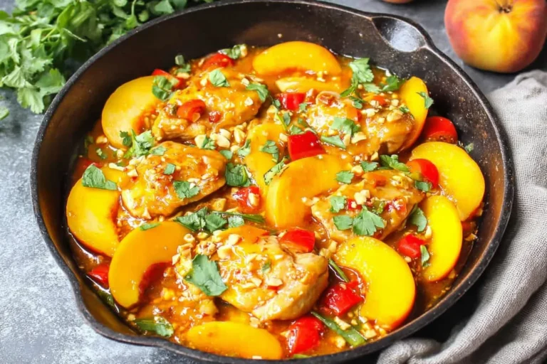 Thai Peach Chicken in a cast-iron skillet with peach slices, red bell pepper, peanuts, and cilantro in a glossy sweet-spicy sauce.