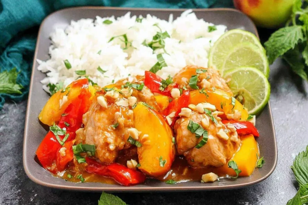 Thai Peach Chicken served over fluffy white rice with peach slices, red bell pepper, chopped peanuts, fresh herbs, and lime wedges.