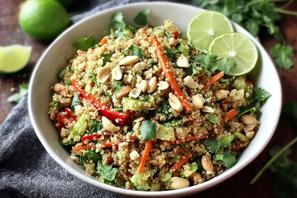 Thai Quinoa Crunch Salad in a white bowl with lime slices, cilantro, crunchy peanuts, shredded carrots, cucumber, and red bell pepper.