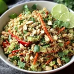 Thai Quinoa Crunch Salad in a white bowl with lime slices, cilantro, crunchy peanuts, shredded carrots, cucumber, and red bell pepper.