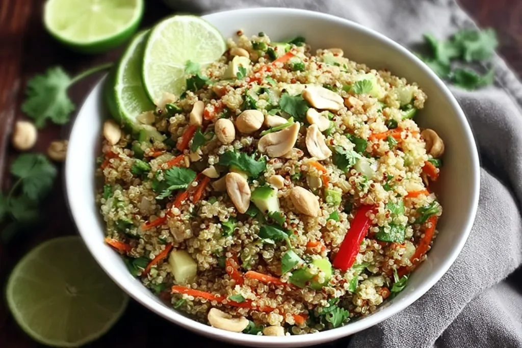 Thai Quinoa Crunch Salad in a white bowl with lime wedges, cilantro, and crunchy peanuts.